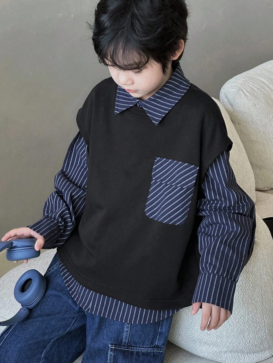 DAZY 秋季男童宽松休闲条纹衬衫和背心两件套