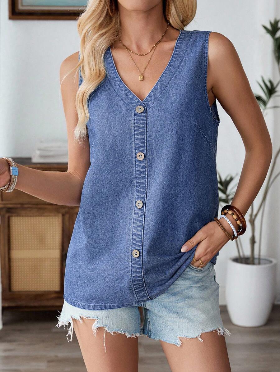 SHEIN LUNE 女款夏季休閒鈕扣裝飾V領無袖牛仔上衣 - 藍色 - 查看 1