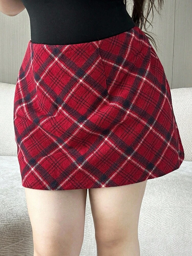 Dazy Plus Christmas Plaid Red Wrap Thick Mini Skirt, Plus Size Women Fall Skirts Winter Women Skirts