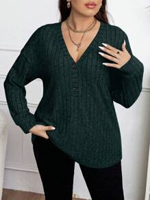 Elenzga Plus Size Casual Versatile Solid Color Long Sleeve T-Shirt Fall Cloth For Women - Dark Green - View 1