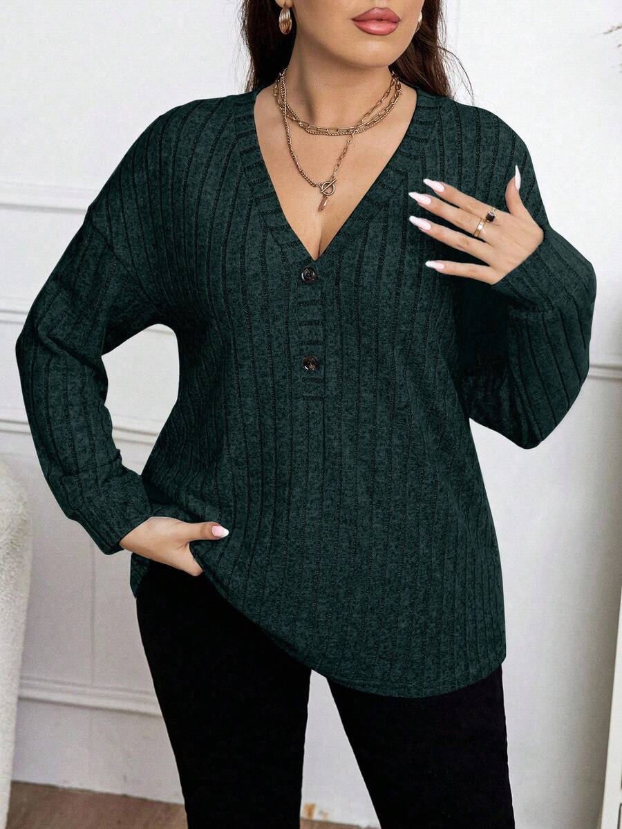 Elenzga Plus Size Casual Versatile Solid Color Long Sleeve T-Shirt Fall Cloth For Women - Dark Green - View 1