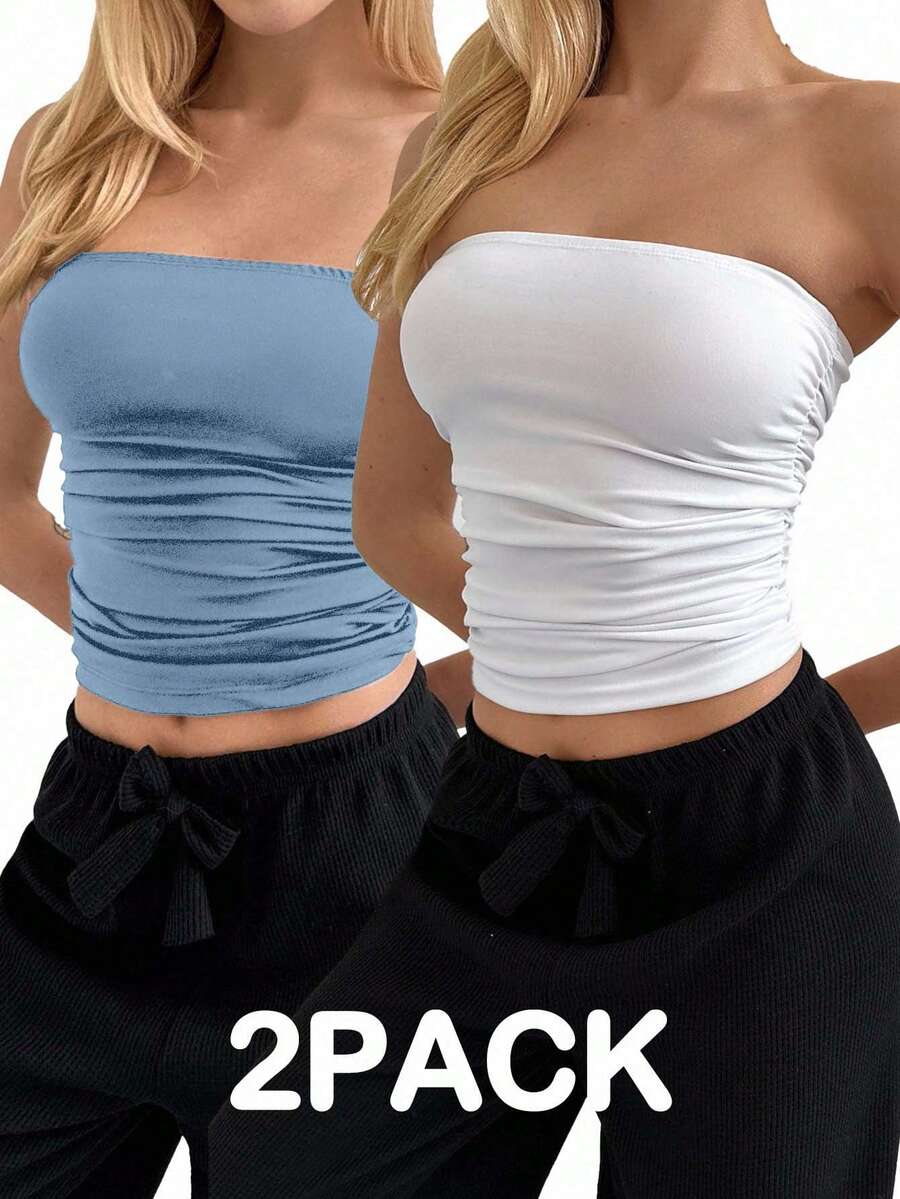EURMUSE 2pcs Women's Minimalist Solid Color Ruched Fitted Tube Top, Summer - Multicolor - View 1