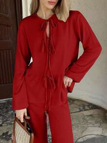 EURMUSE WOMEN TWO PIECES OUTFIT WITH TIE KNOT DETAILED - Red - View 7