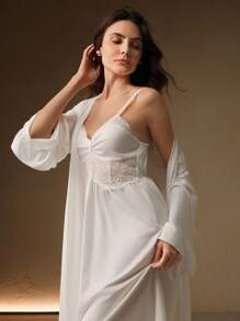 Anewsta Bộ đồ ngủ nữ kiểu Pháp cổ điển thanh lịch, thích hợp cho mùa lễ hội, kỳ nghỉ, mùa đông. - trắng - Xem 5