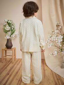Loomiva 2pcs Young Boy Solid Color Knit Soft Collar Cardigan And Elastic Waist Pants Set Fall Winter - Beige - View 2