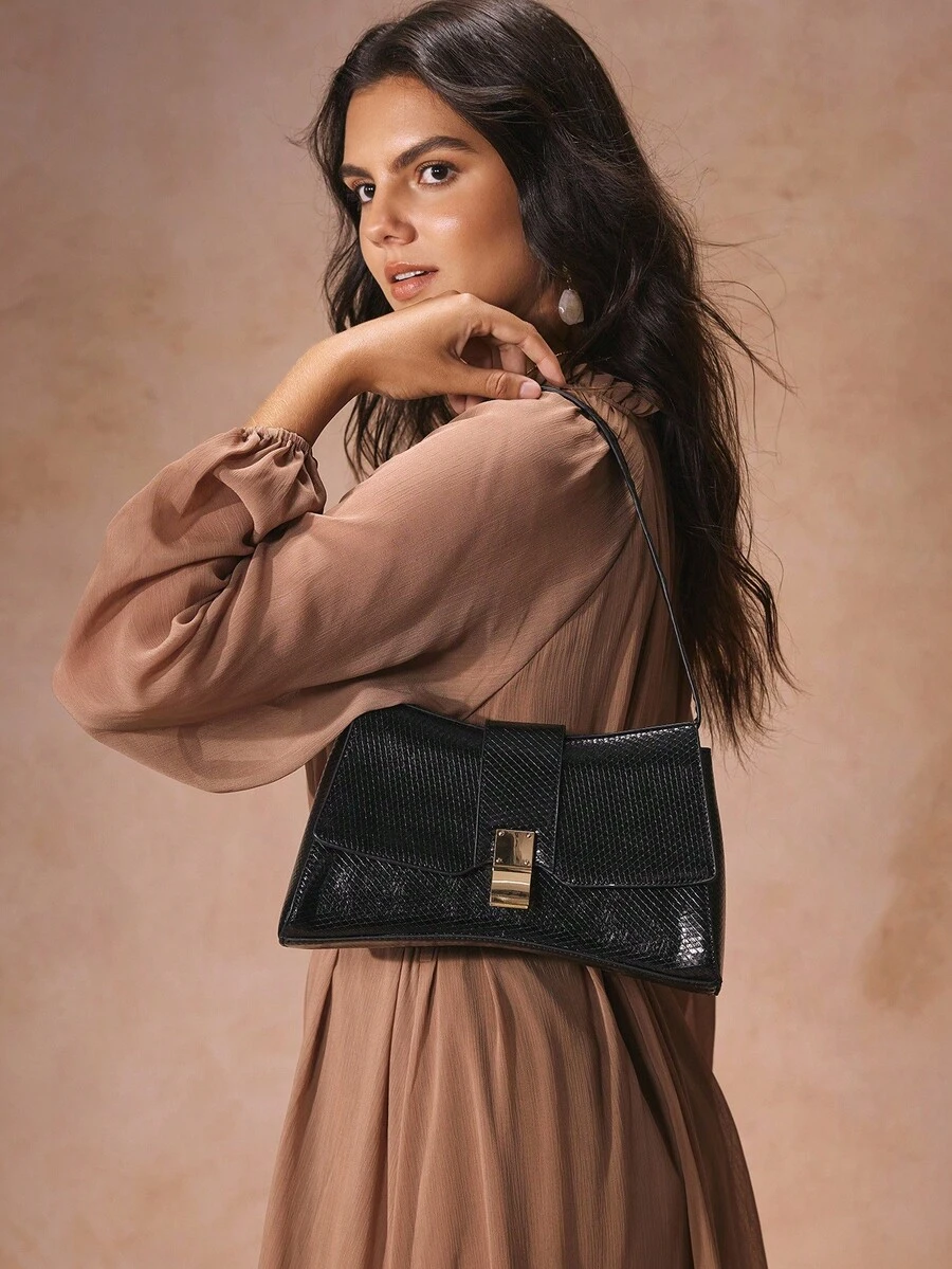 SHECARRY 时尚高端通勤黑色蛇皮单肩包 - 黑色 - 查看 1