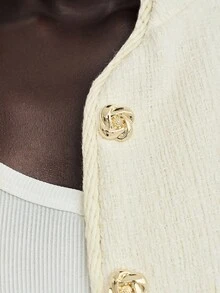 Lumivelle 女式长袖优雅粗花呢面料夹克，配有金属纽扣和缎带饰边 - 白色 - 查看 7