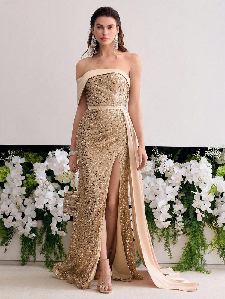 MOTF Soiréza GORGEOUS SPLIT THIGH DRAPED SIDE BEADED FORMAL DRESS EVENING GOWN