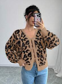 SHEIN Elenzya 女式豹纹撞色蝴蝶结休闲灯笼袖V领开衫，秋冬 - 駝色 - 查看 5