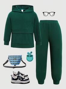 SHEIN 年轻女孩宽松休闲舒适连帽套头衫和裤子套装 - 綠色 - 查看 7