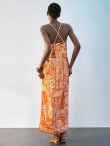 SHEIN Maija 女士碎花连衣裙，优雅度假沙滩装，秋冬款 - 橘色 - 查看 4