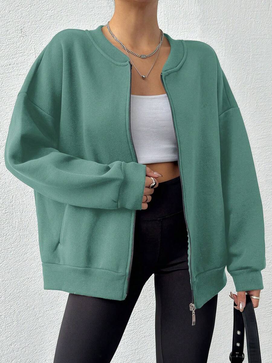 EURMUSE Solid Color Drop Shoulder Zip Up Long Sleeve Sweatshirt - Mint Green - View 1