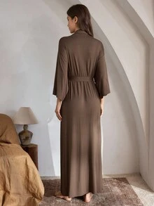 Ocili 休闲舒适顺滑睡袍，纯色简约时尚，适合日常休闲穿着，假日季舒适优雅，秋冬季皆宜。 - 卡其色 - 查看 3