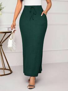 SHEIN Lady 2025 New Women's Dark Green Drawstring Waist Pocket Skirt, Elegant Christmas Women's Halloween Christmas Autumn & Winter Party Going Out Skirt Chic Women's Skirt Business Casual, Fall - Dark Green - View 6