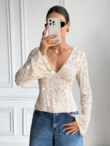 SHEIN Frenchy Women's Sequin Embroidery Lace-Up Backless Blouse,Elegant Beaded Deep V-Neck Bell Sleeve Shirt,Sparkly Apricot Summer Elegant Night Out Party Top - Apricot - View 6