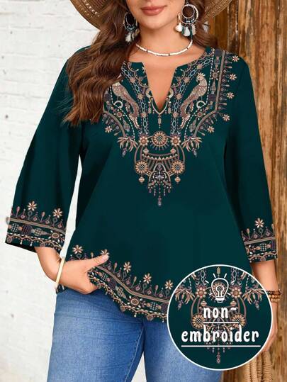 EMERY ROSE Deep Green Floral Embroidery Plus Size Top