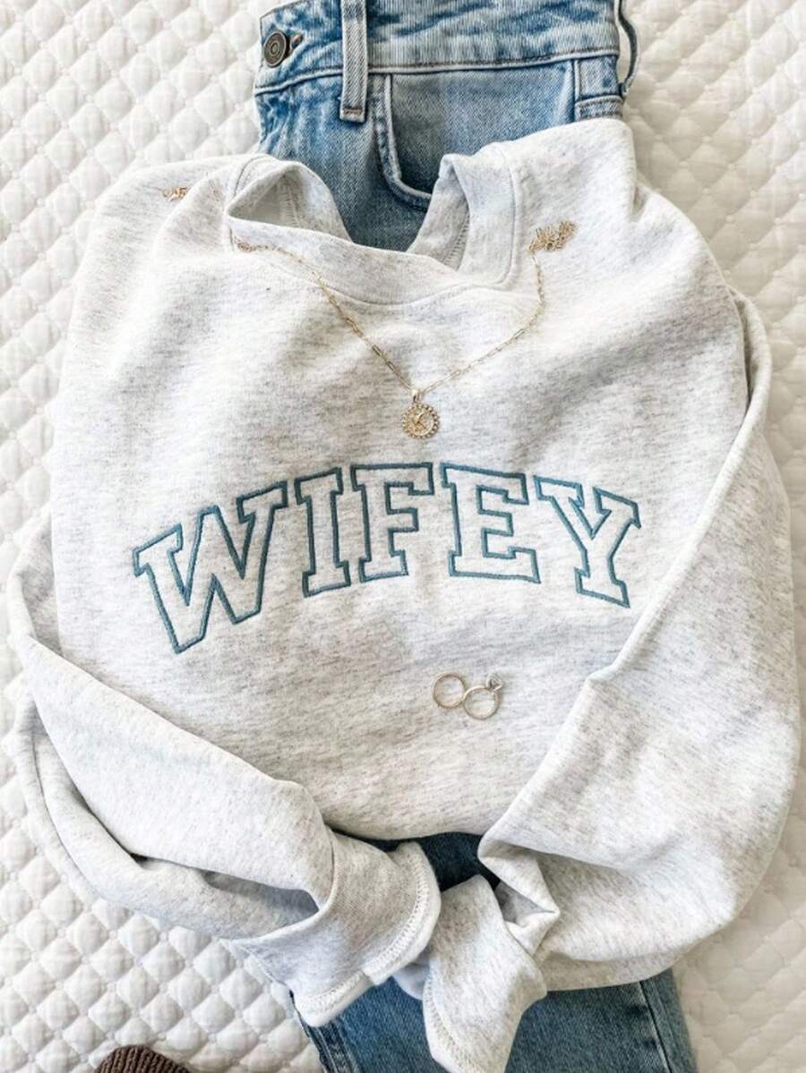 INAWLY 秋季复古撞色标语刺绣，妻子的礼物，圆领撞色刺绣图案运动衫 - 淺灰色 - 查看 1