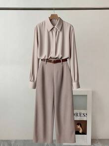 Franclia Conjunto de 2 piezas de top de manga larga y pantalones de unicolor minimalista para mujer, uso casual diario