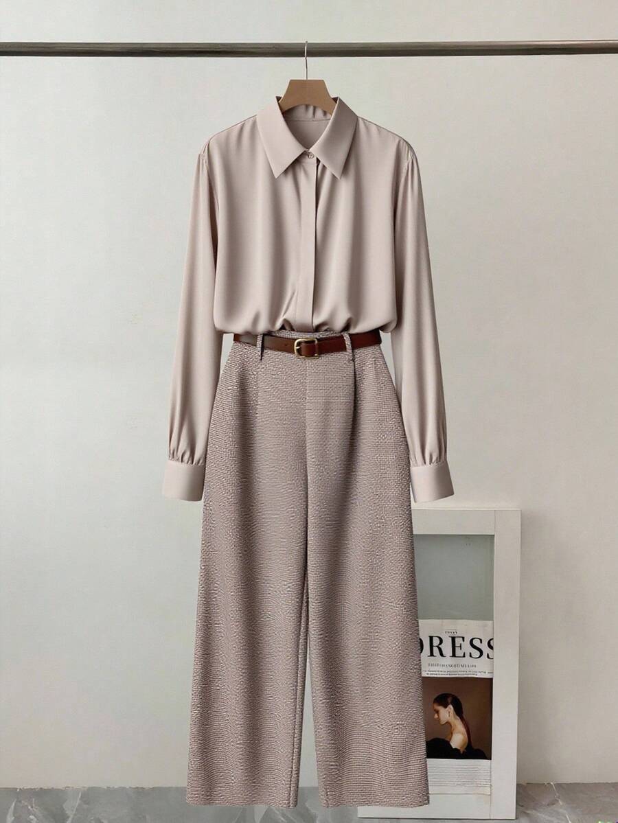 Franclia Conjunto de 2 piezas de top de manga larga y pantalones de unicolor minimalista para mujer, uso casual diario