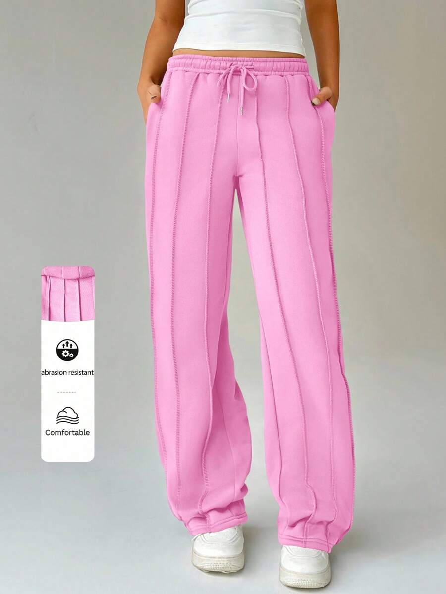 FavEase Casual Solid Color Drawstring Waist Straight-Legged Shorts Graduation,Back To School Outfits,Graduation,Teacher Outfits For Women,Back To School Fall Cloth For Women - Pink - View 1