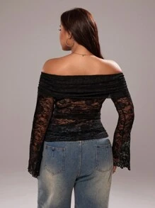 Rustia Áo cánh tay loe hở vai thanh lịch gợi cảm cỡ lớn dành cho nữ - màu đen - Xem 2