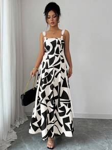 SHEIN Clasi Váy xòe họa tiết hình học đơn giản, thoải mái, dây mảnh, dáng rộng, mùa hè dành cho nữ - Đen và trắng - Xem 3