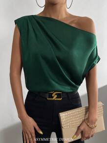Chiquease Solid Asymmetrical Neck Satin Blouse One Shoulder Top