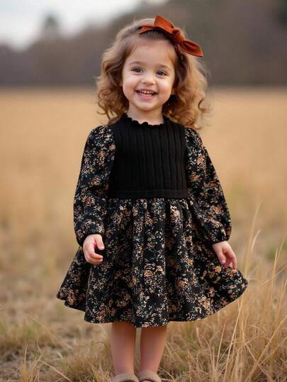 Emery Rose Kids Emery Rose Kids LUNE Floral Print Lantern Sleeve Ruffle Hem Dress,French Floral,Fairy Dress,Pastoral Style,Autumn Winter Toddler Floral Dress Baby Girl Fall Dress Black Floral Toddler Dress Toddler Boho Dress Baby Knit Bodice Dress