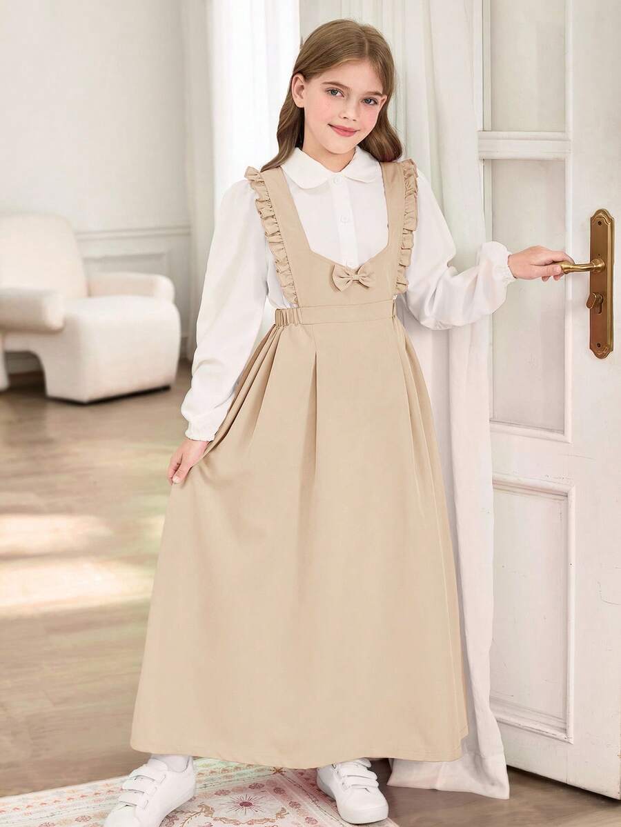 青少年女孩休闲校园风格可爱荷叶边蝴蝶结吊带裙和通勤白衬衫 T 恤套装，校服套装秋冬 - 卡其色 - 查看 1