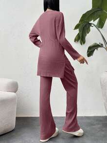 EURMUSE Cotton Drop Shoulder Split Hem Tee & Pants - Rusty Rose - View 2
