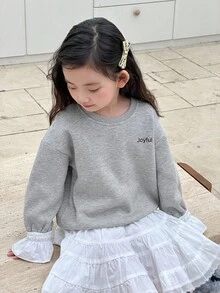 DAZY Sudadera casual de estilo coreano para niñas jóvenes con cuello redondo, ribete de volantes, contraste de colores, estampado de parches y manga larga - Gris - Ver 8