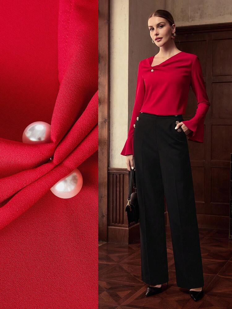 ZEYLAH Asymmetric Decor Button Long Sleeve Elegant Blouse, Autumn/Winter