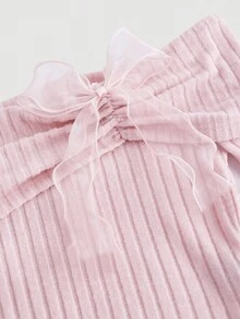 SHEIN Girlism 少女罗纹露肩褶饰蝴蝶结装饰不对称下摆长袖修身甜美 T 恤，粉色，适合派对、返校、优雅法式、公主、婚礼、生日