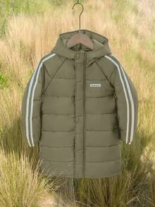 SHEIN 儿童/青少年男童休闲运动拼布派克大衣，厚连帽中长款梭织棉服，适合通勤、上学、日常休闲、旅行、运动、春夏秋冬 - 軍綠色 - 查看 3