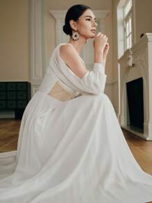 Anewsta 女式长袖串珠优雅长裙，白色，喇叭裙，新品上市