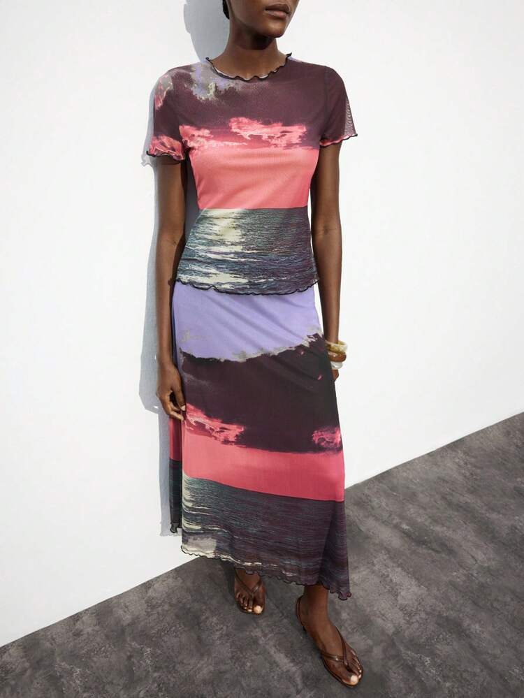 SHEIN Maija Women's Bohemian Style Colorful Print Short Sleeve Top And Skirt 2 Pieces Set, Urban Commute Business Casual Outfit, Office Attire, Teacher Outfit, Elegant Holiday Vacation Ensemble, Autumn/Winter Beach Outfits For Women  Beach Outfits For Women