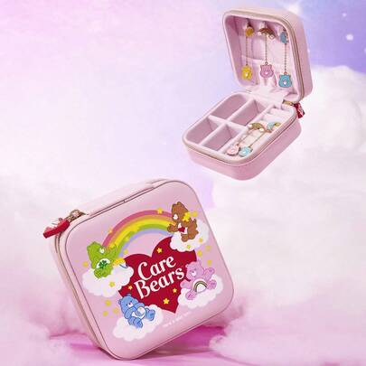 SHEIN X Care Bears 1 hộp đựng trang sức du lịch bằng da PU hình hoạt hình, có 3 móc treo vòng cổ, ngăn đựng nhẫn và các ngăn đựng khác, thích hợp cho việc sắp xếp đồ đạc trong nhà, du lịch, đi làm, thích hợp cho phụ nữ, thanh thiếu niên, gấu cổ vũ, gấu dịu dàng, gấu ngủ, gấu may mắn