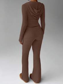 FavEase Áo nỉ có mũ trùm đầu dệt kim họa tiết lông cừu màu mơ có khóa kéo phía trước và quần dài ống loe cổ điển, Bộ trang phục thể thao giản dị tối giản phù hợp cho tủ đồ mùa xuân thu dành cho nữ - Cà phê nâu - Xem 2