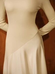 Anewsta Vestido de manga larga con cuello alto en patchwork de tejido de punto y tejido, color café - Albaricoque - Ver 7