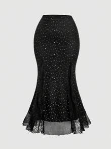 SHEIN MOD Váy lưới đuôi cá thêu ren chắp vá cỡ lớn cạp cao - màu đen - Xem 5