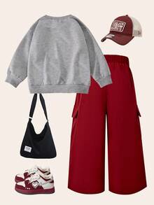 SHEIN 2 件套女童休闲时尚纽约图案圆领长袖运动衫和阔腿裤，秋冬 - 彩色 - 查看 2