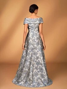 Serin Váy chữ A bằng vải satin jacquard họa tiết hoa 3D trễ vai sang trọng, thanh lịch, thích hợp cho đám cưới, tiệc tùng, kỳ nghỉ, vũ hội, váy dạ hội cho mẹ cô dâu - Xám - Xem 3