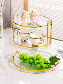 SHEIN 1 件钻石纹理双层/单层托盘带手柄，现代双手柄托盘，适用于家庭 - 無色 - 查看 2