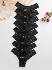 SHEIN 8件套浪漫性感蕾丝女士比基尼内裤，多色 - 黑色 - 查看 3