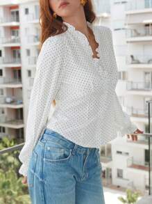 SHEIN LUNE Camicetta a maniche lunghe con scollo a V e pois bianchi, adatta per primavera/estate - Bianco - Visualizzare 5