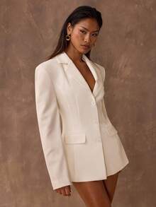 SHEIN BAE 女士优雅纯色腰部收紧西装外套，适合通勤 - 杏色 - 查看 7