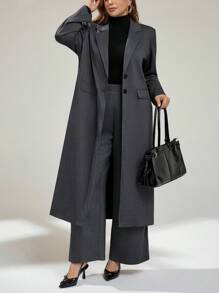 Auralis بدلة رسمية للنساء ذوات الأحجام الكبيرة للربيع والخريف، بتصميم كاجوال فضفاض مريح للاستخدام اليومي، بسترة طويلة ضيقة وبنطال واسع، مجموعة بدلة رمادية، بطراز "Old Money"، كاجوال للعمل، ملابس مكتبية للنساء، ملابس عمل، ملابس الخريف - رمادي - مشاهدة 2