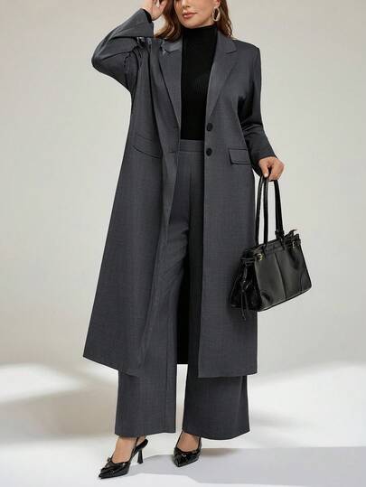 Auralis Plus Size Women's Grey Elegant Office Suit Set,Old Money Style Slim Long Jacket & Wide-Leg Pants,Business Casual Work Wear Outfits For Fall/Winter