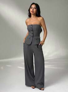 SHEIN PETITE 秋冬纯色修身吊带背心和优雅长裤套装 - 深灰色 - 查看 10