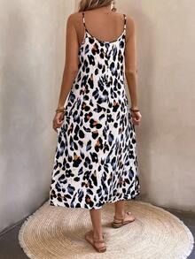 SHEIN Tall 女式夏季豹纹侧开衩休闲吊带连衣裙长款女装 - 彩色 - 查看 2